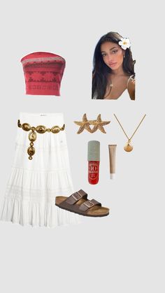 a woman's outfit and accessories including shoes, necklaces, bracelets and lipstick