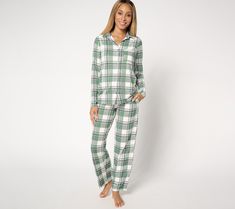 Nighttime is the right time to slip into this comfy Cozy Jersey pajama set, brushed on the inside for max comfort and warmth. But details like pretty lace trim on the chest pocket and a charming print make all-day wear just as enticing. From Cuddl Duds. Lace Button, Cuddl Duds, Sleepwear & Loungewear, Comfy Cozy, Green Plaid, Pj Sets, Jersey Fabric, Simple Dresses, Night Gown