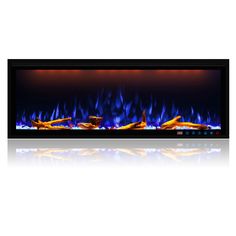 an electric fireplace with blue flames in the background