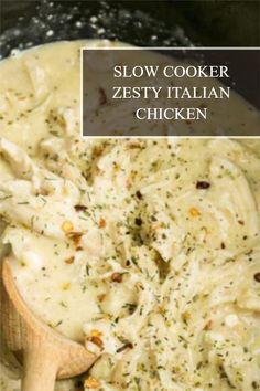 slow cooker zesty italian chicken in a crock pot with a wooden spoon