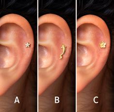 three different types of ear piercings with the same design on each side and one in gold