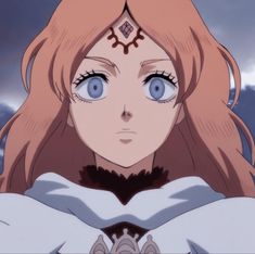 an anime character with blue eyes and long red hair looking at the camera, in front of dark clouds