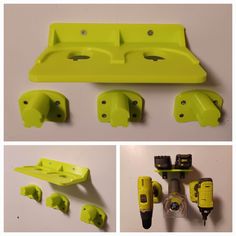 three different pictures of yellow plastic parts on a white surface, one with screwdrivers and the other without