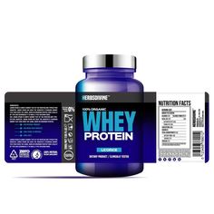 a bottle of whey protein next to the label