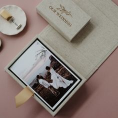 an open box with a wedding photo inside