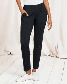 Versatile pants featuring the comfort of a pull-on style, with a faux fly and back welt pockets. These trousers are soft and warm, with beautiful drape and a hint of stretch for a flattering fit. Relaxed fit. Pull-on style. Faux fly. Mid rise. Wide elastic waist. 27 inch inseam. Ankle length; tapered leg. TENCEL lyocell/nylon/wool/spandex. Women's relaxed pull-on pants. By Garnet Hill. Petite Height, Versatile Pants, Cords Pants, Awesome Blouse, Boxy Sweater, Garnet Hill, Detailed Sweater, Denim Button Down, Chic Me