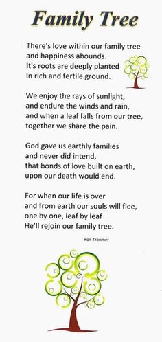 a family tree poem written in green and white with an image of a tree on it