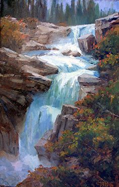 a painting of a waterfall in the woods