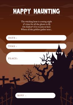 a halloween party flyer with an image of a castle and graveyard in the background,