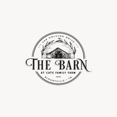 the barn logo with an image of a farm house in the background and text that reads,