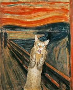 a cat is standing on its hind legs in front of an art piece that looks like the scream painting