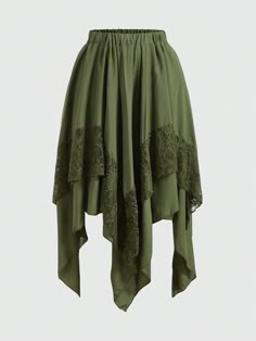 Plus Size Asymmetrical Skirt With Elasticated Waist And Lace Trim Army Green Casual   Woven Fabric Plain Asymmetrical Non-Stretch  Women Plus Clothing, size features are:Bust: ,Length: ,Sleeve Length: Hobbit Clothes, Romwe Fairycore, Dark Green Skirt, Long Green Skirt, Square Skirt, Ren Faire Outfits, Fairy Skirt, Festival Skirts, Earthy Outfits