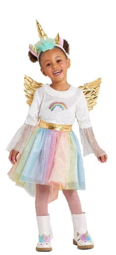 Toddler Girls RAINBOW UNICORN Sequin Dress Wings Horn Costume Size 2T/3T NWT Toddler Girls RAINBOW UNICORN Sequin Dress Wings Horn Costume Size 2T/3T NWT Description New with Tags~ Never Worn! Toddler Girls Hyde and Eeks Boutique RAINBOW UNICORN Halloween Costume  Size 2T-3T   Costume includes-- Dress with organza sleeves, Velour Bodice with Sequined Rainbow, Faux Fur Accents and Hi Low Hemline Attached Gold Wings Headband with Gold Horn/Ears and Faux Fur Accents Payment Payment is expected with