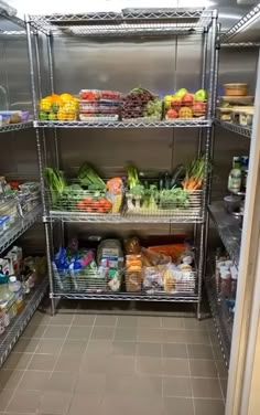 the shelves are filled with various types of food