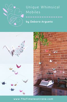 there is a brick wall with origami birds on it and an old typewriter