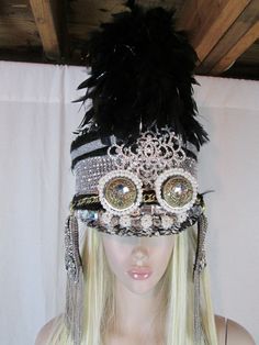 Black Marching Band Hat For Burning Man Festival by BurnerFabulous Luxury Fitted Costume Hats And Headpieces For Festivals, Bohemian Festival Hats With Feathers, Artisan Feathered Festival Hat, Aztec Feather Headdress, Showgirl Feather Headdress, Head Games, Burning Man Costume, Festival Hat