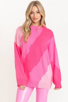 Pink...goes with everything! Our signature color in a gorgeous color blocked oversized sweater will have you swooning. Neon pink, bubble gum pink and cotton candy pink tones. Oversized so you can stay true to size or size down 1.  100% acrylic Maxi Romper, Bubble Gum Pink, Crop Top Sweatshirt, Pink Cotton Candy, Candy Pink, Girl Coat, Pink Tone, Stay True, Knit Tees