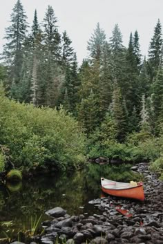 a red canoe sitting on top of a river next to a lush green tree filled forest