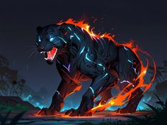 a black panther with red and blue flames on it's body, running through the night