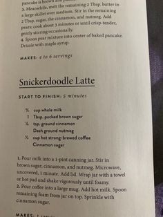 an open book with instructions on how to make snickkerdoodle latte