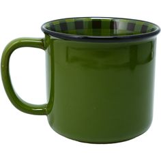 a green coffee mug with black rim