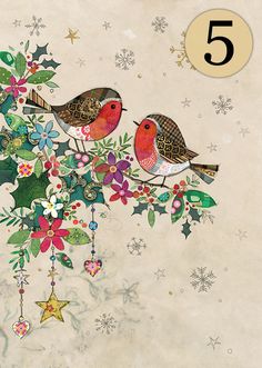 two birds sitting on top of a branch with flowers and stars around it, surrounded by snowflakes