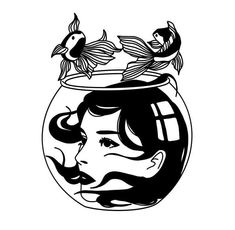 a black and white drawing of a fish bowl with a man's face in it