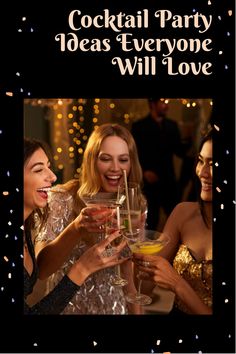 three women toasting with champagne glasses in front of confetti