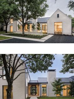 two photos side by side of a house with trees in the foreground and on the right