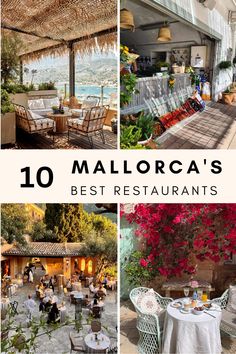 an outdoor dining area with tables, chairs and umbrellas over looking the water at mallorca where to eat