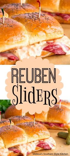 several sandwiches with toothpicks on them and the words reuben sliders