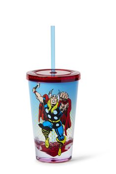 the avengers tumbler cup has a blue straw in it and is decorated with an image of thor