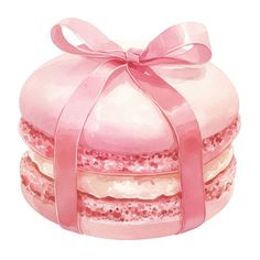 three cakes with pink frosting and a bow on top are stacked next to each other