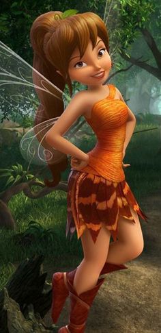 a cartoon character dressed as tinkerbell standing in the woods with her hands on her hips