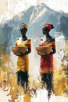 two women carrying bowls in their hands while standing next to each other with mountains in the background