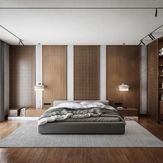 a large bed sitting in the middle of a bedroom next to a book shelf filled with books