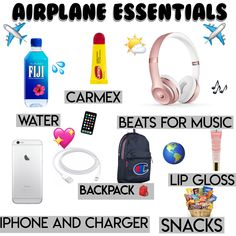 an advertisement with headphones, water, beats for music, lip glosses, phone and charger snacks