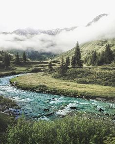 a river running through a lush green valley