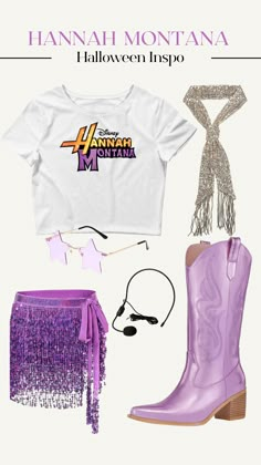 the costume is purple and has fringes on it, including a t - shirt that says