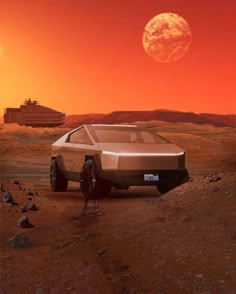 an artist's rendering of a futuristic car in the desert with a distant planet in the background