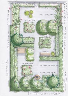 a garden plan with lots of trees and plants in it, including an area for seating