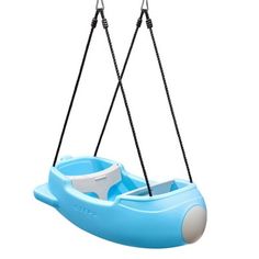 a blue swing with two seats attached to it