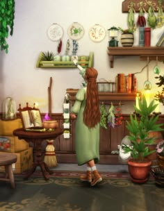 a woman standing in a living room next to a potted plant and bookshelf