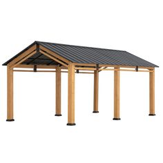 a wooden gazebo with black roof and two poles on the sides, against a white background