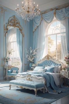 an elegant bedroom with blue walls and curtains