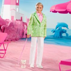 a barbie doll with a dog on a pink carpet