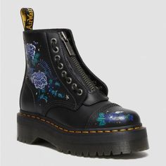 A Classic Docs Silhouette Given A Dark Edge With Mystic Garden Floral Print Featuring Moons, Stars And Wildflowers. Constructed From Tough, Full-Grain Backhand Leather With Antique Silver Star Studs. Wear Them Zipped Or Laced With Removable Jungle Front Zip Piece. Unmissably Dm’s With The Iconic Yellow Welt Stitch And Scripted Heel Loop. Note I Don’t Have Original Box I Will Ship It In Regular One Sh/65 Dr Martens Sinclair, Heart Platforms, Mystic Garden, Jadon Boots, Leather Platform Boots, Platform Boots Women, Fur Lined Boots, Goodyear Welt, Star Studs