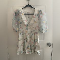 Beautiful And So Cute For A Baby Shower Or Garden Party! Beautiful Flowers All Over This White/Ivory Dress. Some Beautiful Sleeves And Just A Very Unique Dress. Beautiful Sleeves, Bianca Dress, Glitter Mini Dress, Satin Bustier, Cami Slip Dress, Floral Bustier, Ivory Dress, Fitted Mini Dress, Lace Cutout