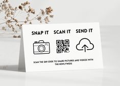 a white card with some black and white images on it that says snap it, scan it, send it