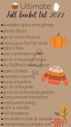 an autumn bucket list with pumpkins and other things to do in the fall season